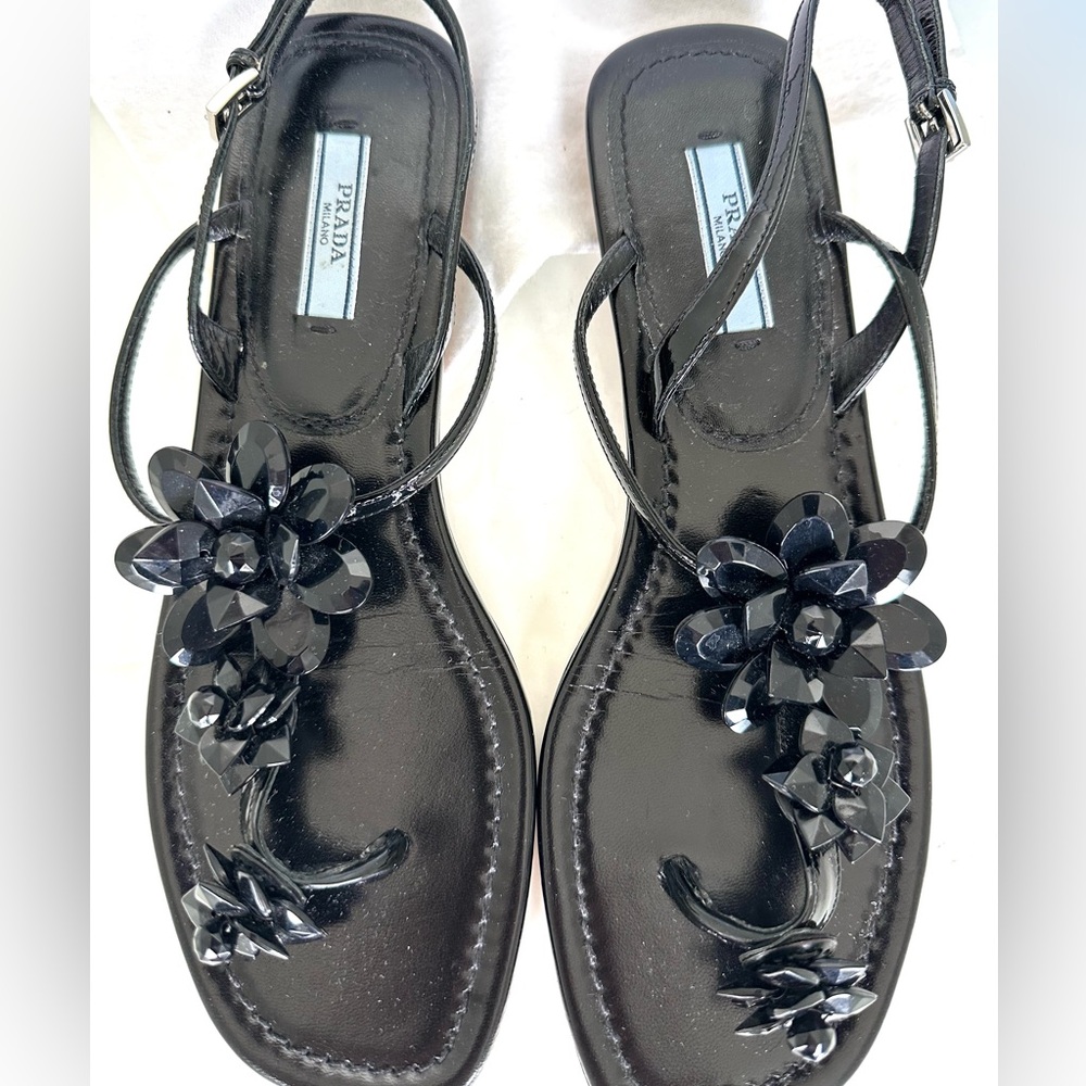 Authentic Prada Black Crystal Flower Bloom Sandals.